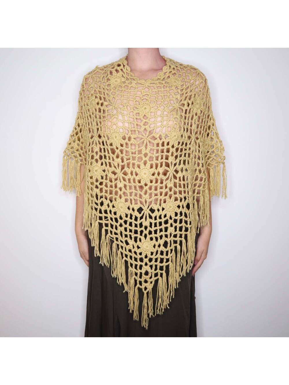 Y2K Tan Fringe Crochet Poncho (S/M/L)